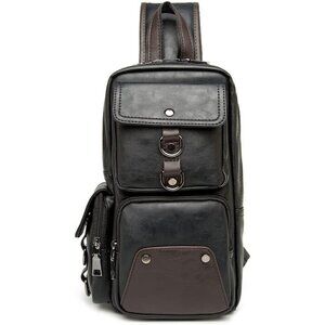 💫 Men Black Vintage Leather Sling Backpack Crossbody Chest Shoulder Bag